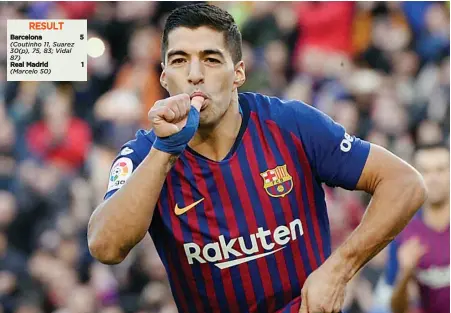  ?? — AFP ?? Barcelona’s Luis Suarez celebrates a goal against Real Madrid during their Spanish League match at the Camp Nou on Sunday.