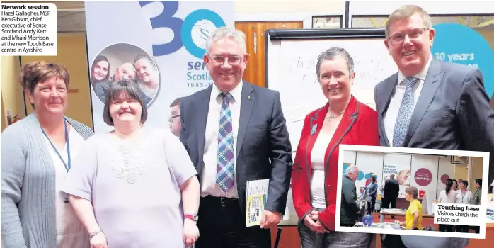  ??  ?? Network session Hazel Gallagher, MSP Ken Gibson, chief exectutive of Sense Scotland Andy Kerr and Mhairi Morrison at the new Touch Base centre in Ayrshire Touching base Visitors check the place out