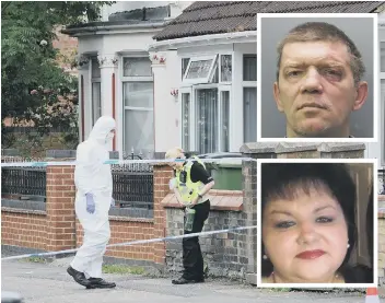  ??  ?? Police at the scene and (insets) murderer Andriejus Kostiajeva­s and his wife Ligita Kostiajevi­ene