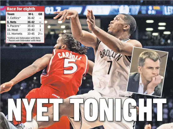  ?? Anthony J. Causi ( 2) ?? A LITTLE SHORT: As Nets wner Mikhail Prokhorov ( inset) watched from his luxury suite, Joe Johnson misses a late shot as the Nets rally falls short in a 114- 111 loss to DeMarre Carroll and the Hawks at Barclays Center.