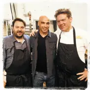  ??  ?? Meals on Wheels
gala chefs Stuart Brioza (left), Mourad Lahlou and Tyler Florence at Fort Mason Center.