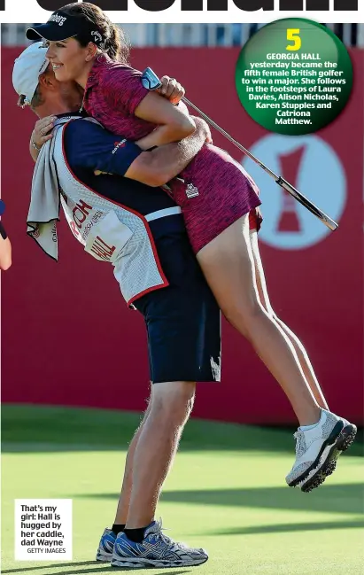  ?? GETTY IMAGES ?? That’s my girl: Hall is hugged by her caddie, dad Wayne