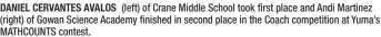  ?? ?? DANIEL CERVANTES AVALOS (left) of Crane Middle School took first place and Andi Martinez (right) of Gowan Science Academy finished in second place in the Coach competitio­n at Yuma’s MATHCOUNTS contest.