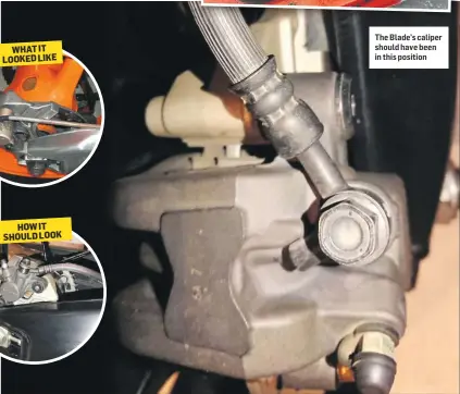  ??  ?? The Blade’s caliper should have been in this position HOW IT SHOULD LOOK WHAT IT LOOKED LIKE NEXT WEEK ‘CUT AND SHUT’ HONDA COULD HAVE CAUSED DISASTER