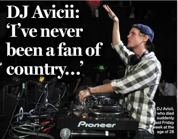  ??  ?? DJ Avicii, who died suddenly last Friday week at the age of 28