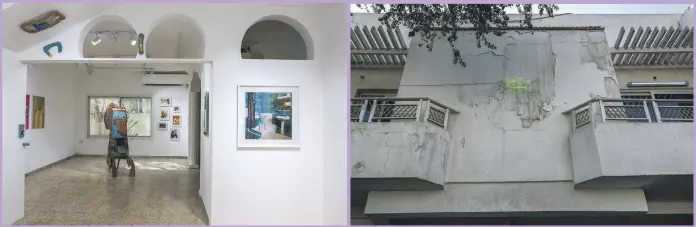  ?? Photos by Victor Besa / The National ?? Artists at Bait 15 are setting up in a 1980s villa in Abu Dhabi. Clockwise from top: a work in progress by Hashel Al Lamki from Al Ain; the new neon green sign; an exhibition space within the villa