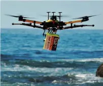  ?? AFP file ?? A shark-spotting drone with a safety flotation device attached underneath flying over Bilgola beach north of Sydney. —