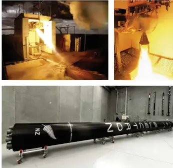  ??  ?? Fired up: Central to Rocketlab's success is the innovation in engine technology and carbon-fibre constructi­on. If it's hard to believe this sort of thing happens in New Zealand, look back: Beck's knowledge of materials technology was honed at IRL, the...