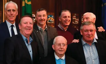  ??  ?? Former Republic of Ireland internatio­nals, back row from left, Mick McCarthy, John Aldridge, Liam O’Brien, and physio Mick Byrne, front row from left, Ronnie Whelan, kitman Charlie O’Leary and Kevin Sheedy in attendance at a EURO88 Republic of Ireland squad reception at the Mansion House in Dublin last night ahead of tomorrow’s Euro 2020 draw