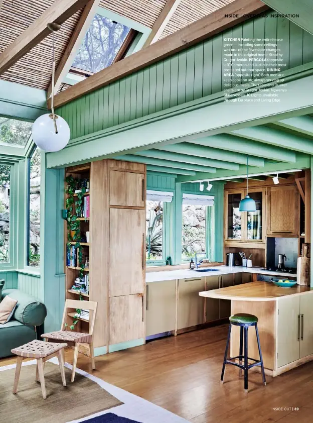  ??  ?? KITCHEN Painting the entire house green — including some ceilings — was one of the few major changes made to the original home. Stool by Gregor Jenkin. PERGOLA (opposite left) Cameron and Justin in their most protected outdoor space. DINING
AREA (opposite right) Both men are keen cooks so are always serving up delicious meals. The table and Quaker chairs are by Gregor Jenkin. Ngwenya Glass vessels. IC Lights, available through Euroluce and Living Edge.