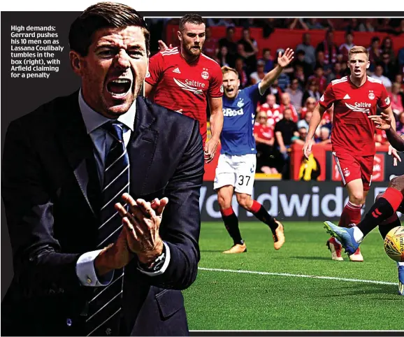  ??  ?? High demands: Gerrard pushes his 10 men on as Lassana Coulibaly tumbles in the box (right), with Arfield claiming for a penalty