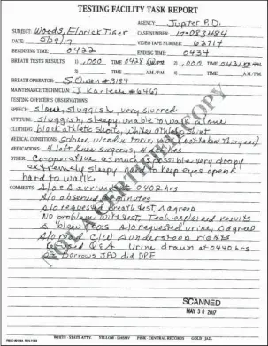  ?? Jupiter (Fla.) Police Department via AP ?? PAPER TRAIL: This document produced by the Jupiter Police Department on May 29, 2017, and published online by the Palm Beach (Fla.) County court cerk, shows a Testing Facility Task Report on Tiger Woods following his arrest in Florida on suspicion of...