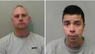  ??  ?? Paedophile­s James White, above left, and Jason Lydiard, above right, were found tied to a public bench, left