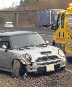  ??  ?? A silver Mini Cooper involved in a crash on the A90 last week.