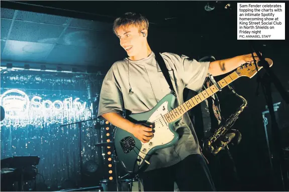  ?? PIC: ANNABEL STAFF ?? Sam Fender celebrates topping the charts with an intimate Spotify homecoming show at King Street Social Club in North Shields on Friday night