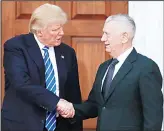  ??  ?? In this Nov 19, 2016 file photo, US President-elect Donald Trump shakes hands with retired Marine Corps Gen James Mattis as he leaves Trump National Golf Club Bedminster clubhouse in Bedminster, New Jersey. Trump said at a rally on Dec 1, that he will...