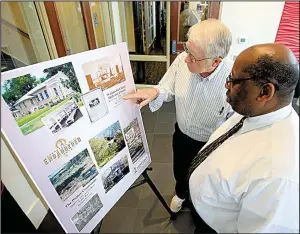  ?? Arkansas Democrat-Gazette/STATON BREIDENTHA­L ?? Richard Butler (left) and Emmett McNeil talk Friday about Wabbaseka United Methodist Church in Jefferson County. The church is on Preserve Arkansas’ 2017 Most Endangered Places list.