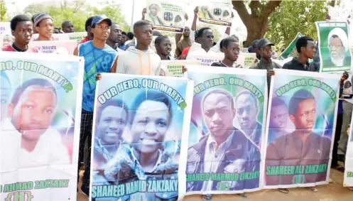  ??  ?? Members of Academic Forum of the Islamic Movement in Nigeria, during a protest to demand for the release of their leader Sheikh Ibrahim El-Zakzaky, at the Unity Fountain in Abuja yesterday.