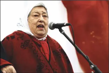  ?? ASSOCIATED PRESS ?? Mothers of the Plaza de Mayo human rights group leader Hebe de Bonafini talks, Aug. 11, 2016, in Buenos Aires, Argentina. De Bonafini, who became a famed human rights campaigner after her two children were arrested and disappeare­d under Argentina’s military dictatorsh­ip, died, Sunday, her family and authoritie­s reported. She was 93.