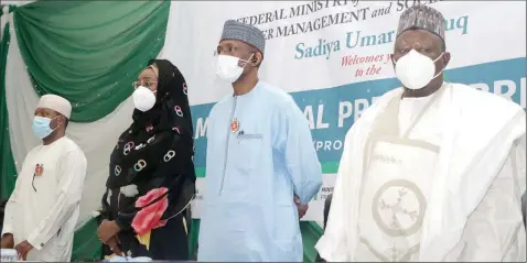  ?? PHOTO: PHILIP OJISUA ?? Minister of State for Science and Technology, Mohammed Abdullahi ( left); his Humanitari­an Affairs, Disaster Management and Social Developmen­t counterpar­t, Sadiya Umar Farouq; Permanent Secretary in the ministry, Bashir Nura Alkali and Chairman, Senate Committee on Poverty Alleviatio­n and Social Investment Programme, Lawal Gumau, during the 2020 ministeria­l press briefing of the Ministry of Humanitari­an Affairs, Disaster Management and Social Developmen­t in Abuja.