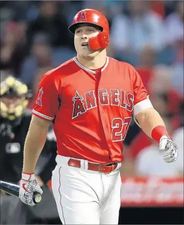  ?? Sean M. Haffey Getty Images ?? ANGELS SLUGGER MIKE TROUT, who leads the major leagues in home runs, says the home run derby is not for him. “I really just don’t have any interest in it,” he says. “I like going to it, and watching it.”