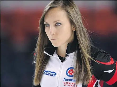  ?? SEAN KILPATRICK/THE CANADIAN PRESS ?? Ontario skip Rachel Homan, seen steely-eyed during a match against Newfoundla­nd at the Scotties Tournament of Hearts in St. Catharines, Ont., on Wednesday, “is actually very warm, really funny and one of my best friends,” team lead Lisa Weagle says.