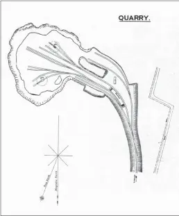  ??  ?? The 1890s Admiralty plan of the work yard already shown had this separate portion covering Stirling Hill quarry. Likewise, it looks south-south-east, and once again the reach of cranes is shown, although presumably this is simply to give a picture of regular practice as most photograph­s show rail-mounted cranes in use. Such is the nature of operations that any quarry trackplan can only be regarded as a ‘moment in time’, with sections of railway transient as work on certain quarry faces is completed and other areas opened up. However, it is interestin­g to note that there is no run-round facility at the station, so either there was an element of hand/horse or gravity shunting employed or a second locomotive was always expected to be on hand. Maud Railway Museum Collection