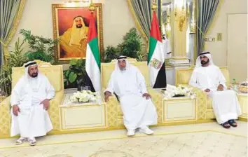  ?? WAM ?? Shaikh Khalifa with Shaikh Mohammad Bin Rashid and Dr Shaikh Sultan during a reception at Al Bateen Palace yesterday.
