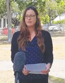  ??  ?? DEVASTATED: Matthew Russo’s sister, Davalee Jaswinsky, reads a statement to the media outside court yesterday.