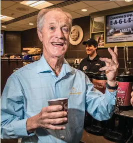  ??  ?? Chairman and CEO Dick Wood, Wawa’s last family CEO and current chairman (left), and Chris Gheysens (in tie), its CEO, at recent in-store events. Wood made gutsy moves in the ’90s and ’00s that ensured Wawa’s survival—and its success.