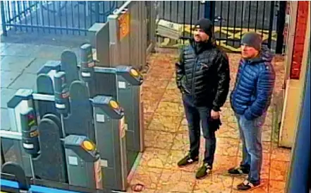  ?? AP ?? This still taken from CCTV and issued by the Metropolit­an Police in London shows Ruslan Boshirov and Alexander Petrov at Salisbury train station on March 3, 2018. British prosecutor­s have charged the two Russian men with the nerve agent poisoning of ex-spy Sergei Skripal and his daughter Yulia in Salisbury.