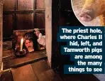  ??  ?? The priest hole, where Charles II hid, left, and Tamworth pigs are among the many things to see