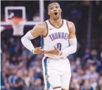  ?? Reuters ?? Oklahoma City Thunder’s Russell Westbrook celebrates after scoring against the Cleveland Cavaliers during their NBA game at the Chesapeake Energy Arena in Oklahoma City on Wednesday.