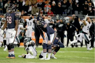  ??  ?? Chicago Bears kicker Cody Parkey (1) reacts after missing a field goal in the closing minute against the Philadelph­ia Eagles on Monday.