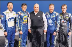  ?? AP FILE ?? Hendrick Motorsport­s team owner Rick Hendrick, center, poses with his drivers, from left to right, Jimmie Johnson, Chase Elliott, Dale Earnhardt Jr. and Kasey Kahne. Hendrick has fielded 11 Sprint Cup champs in the past 21 years.