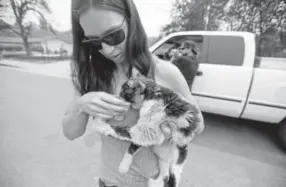  ??  ?? Celia Corona comes to the aid of an injured cat in a Redding neighborho­od struck by the wildfire.