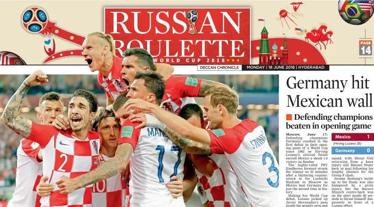  ??  ?? Croatian players celebrate after teammate Luka Modric (third from left) scored from the penalty spot during their match against Nigeria at the Kaliningra­d Stadium on Saturday. —