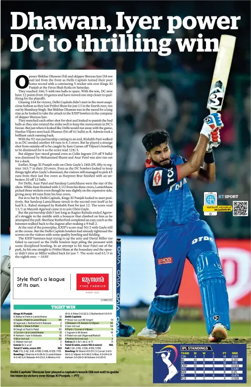  ?? PTI ?? Delhi Capitals’ Shreyas Iyer played a captain’s knock (58 not out) to guide his team to victory over Kings XI Punjab. —