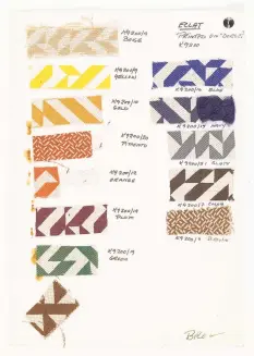  ?? Tim Nighswande­r / IMAGING4AR­T ?? Anni Albers Eclat printed textile samples for Knoll Textiles and notes, from around 1976.
