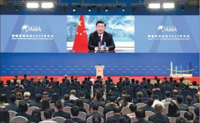  ?? DING HAITAO / XINHUA ?? President Xi Jinping delivers the keynote speech via video link on Thursday at the opening ceremony of the Boao Forum for Asia Annual Conference 2022.