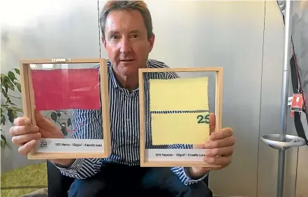  ??  ?? NZ Merino chief executive John Brakenridg­e with a sample of merino fabric, left, which has completely biodegrade­d after nine months’ burial, compared with synthetic fabric, right which remains completely intact.