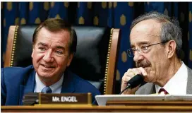  ?? JOSE LUIS MAGANA / AP ?? House Foreign Affairs Committee Chairman Ed Royce (left), R-Calif., speaks with the committee’s ranking member, Rep. Eliot Engel, D-N.Y., during a hearing Wednesday on Iran. President Donald Trump faces a Sunday deadline on the deal.