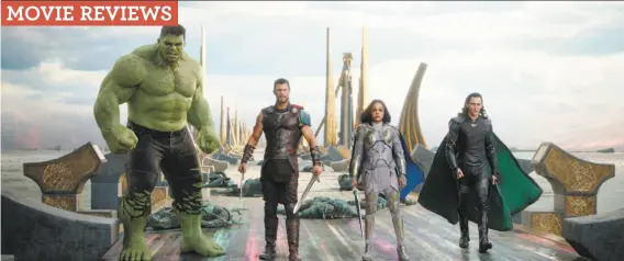  ?? Marvel Studios photos ?? The Hulk ( voiced by Mark Ruffalo, left), Thor ( Chris Hemsworth), Valkyrie ( Tessa Thompson) and Loki ( Tom Hiddleston) in “Thor: Ragnarok.”