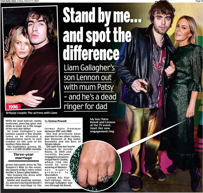  ?? ?? Britpop couple: The actress with Liam
My boy: Patsy Kensit and Lennon at the TV event. Inset: Her new engagement ring 1996