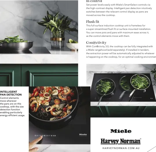  ?? HARVEYNORM­AN.COM.AU ?? INTELLIGEN­T PAN DETECTION Control elements move wherever the pans are on this cooktop, with the size detection function enabling particular­ly energy-efficient usage.