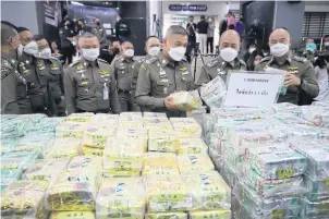  ?? VARUTH HIRUNYATHE­B ?? Police inspect stacks of packets containing more than 1.14 tonnes of crystal methamphet­amine, aka ‘ya ice’, seized recently in three separate smuggling cases in the South, North and Central regions. The inspection was conducted at the Narcotics Suppressio­n Bureau in Bangkok yesterday.