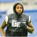  ?? TERRANCE WILLIAMS/AP ?? Ravens wide receiver Rashod Bateman jogs on the field during pregame warm-ups Sunday.