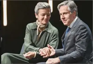  ?? ?? Margrethe Vestager, Executive Vice-President for A Europe Fit for the Digital Age and Competitio­n, left, shakes hands with US Secretary of State Antony Blinken during a stakeholde­r event, in connection to the Trade and Technology Council (TTC) meeting between Europe and the United States, in Lulea, Sweden