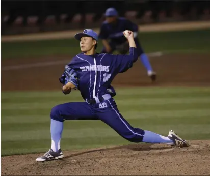  ?? JIM GENSHEIMER — BAY AREA NEWS GROUP, FILE ?? Valley Christian’s Eddie Park pitches against Junipero Serra in the seventh inning during the 2017 CCS Open Division championsh­ip at San Jose Municipal Stadium in San Jose.