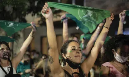  ??  ?? People celebratin­g in Córdoba, Argentina, after the passing of a bill legalising abortion, December 2020. Photograph: Daniel Bustos/Zuma Wire/Rex/Shuttersto­ck